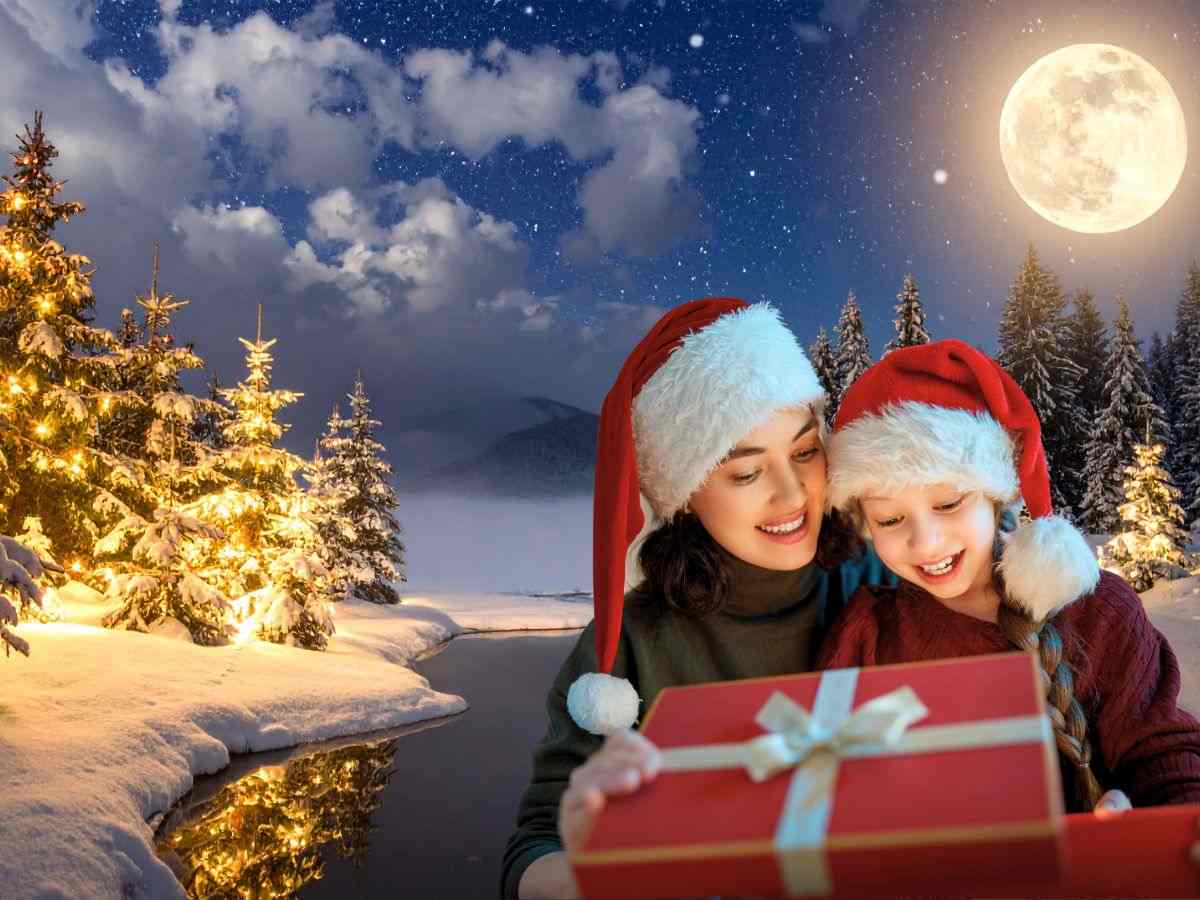 sfondo cielo stellato e paesaggio innevato con luci e mamma e figlio con regalo di Natale