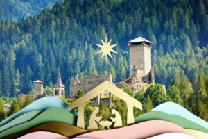 un piccolo borgo come sfondo e in primo piano una grafica che rappresenta un presepe