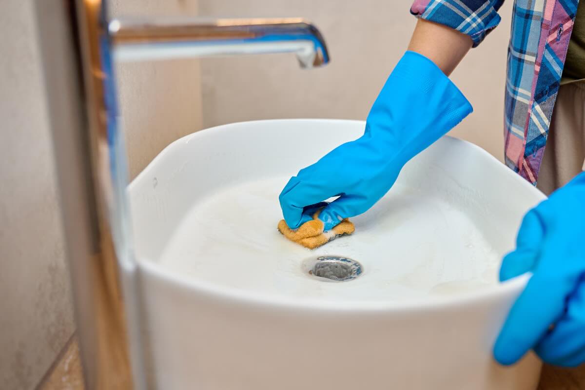 mani che puliscono lavandino con spugna e guanti azzurri