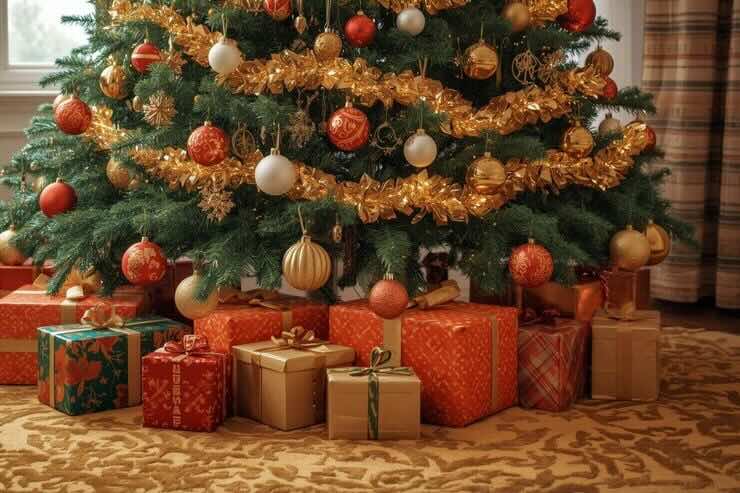 Albero di Natale, tappeto oro, pacchi regalo