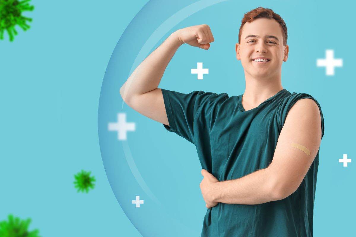 Uomo con braccio alzato e scudo contro virus