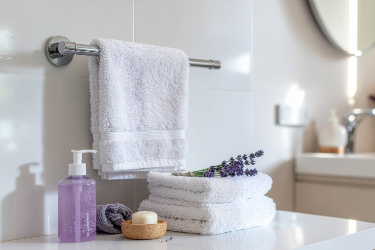 bagno con asciugamani piegati, asciugamano appesa, flacone di sapone e sapone solido