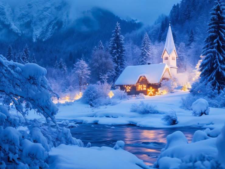 casetta in paesaggio innevato natalizio